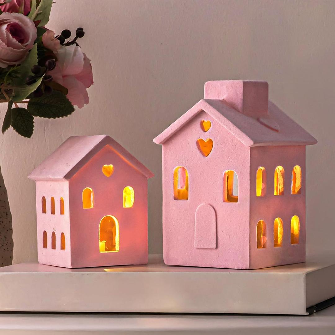 Valentines Village Sets, 3Pc2 Cute Pink Valentines Day Resin Village Decor with Flocked, Valentines Galentines Decorations Farmhouse Rustic Decor for Home Office Shelf Table Desk Mantel Gifts
