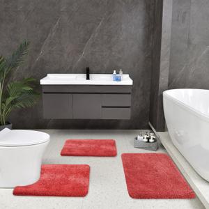wyewye Bathroom Rugs Set 3 Piece, Soft Absorbent Microfiber Bath Rugs and U-Shaped Contour Toilet Rug Area Rug Set for Bathroom,Bedroom, Home Decor Accessories, Non-Slip Bath Rugs, Red (3 pcs 24 "x17"+32 "x20"+24 "x20")