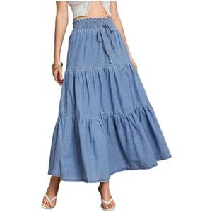 SweatyRocks Women's Boho Demin Maxi Skirt Ruffle Flowy High Waist Bow Decor Jean Long Skirts, Large