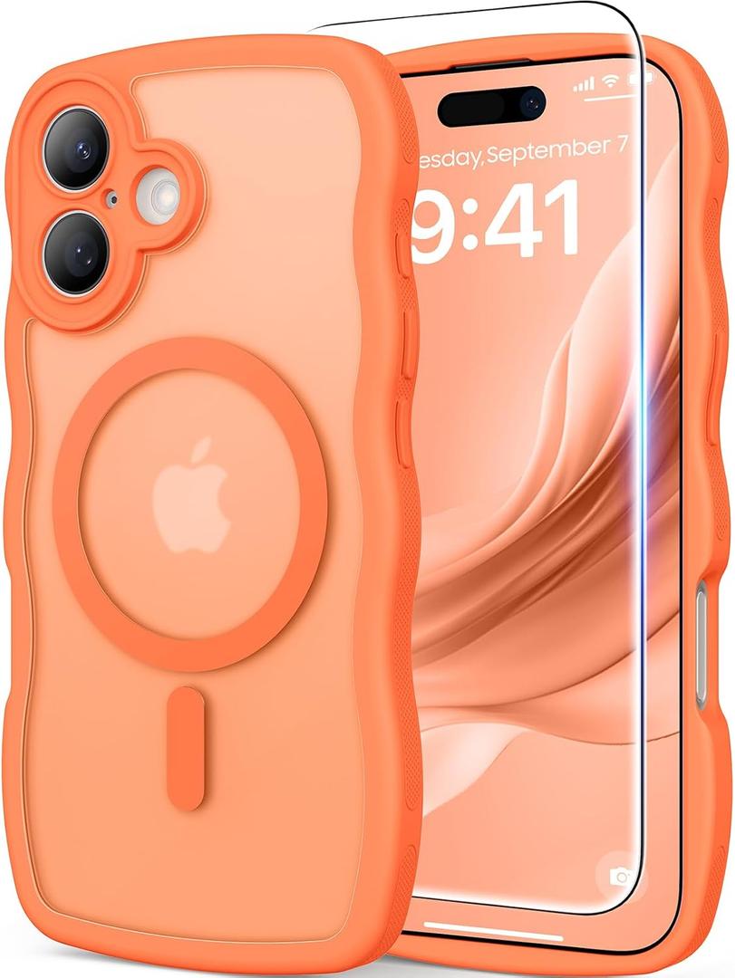 Magnetic for iPhone 17 Case, Cute Wavy Upgraded [Full Camera Protection][Fit for MagSafe] 1X Screen Protector + 1X Wrist Strap, Trendy Matte Women Girly Phone Case for iPhone 17 6.3", Cosmic Orange