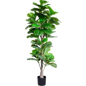 Artificial Fiddle Leaf Fig Tree Indoor, 5FT Tall Faux Tree with Natural Wood Trunk and Lifelike Leaves, Tall Artificial Plants Indoor, Fake Plants for Home, Office, Living Room Decor
