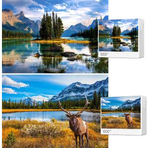 Jigsaw Puzzles for Adults, 2 Pack 1000 Pieces,Spirit Island National Park & Rocky Mountain Impossible Challenging Puzzles for Home Decor Bir