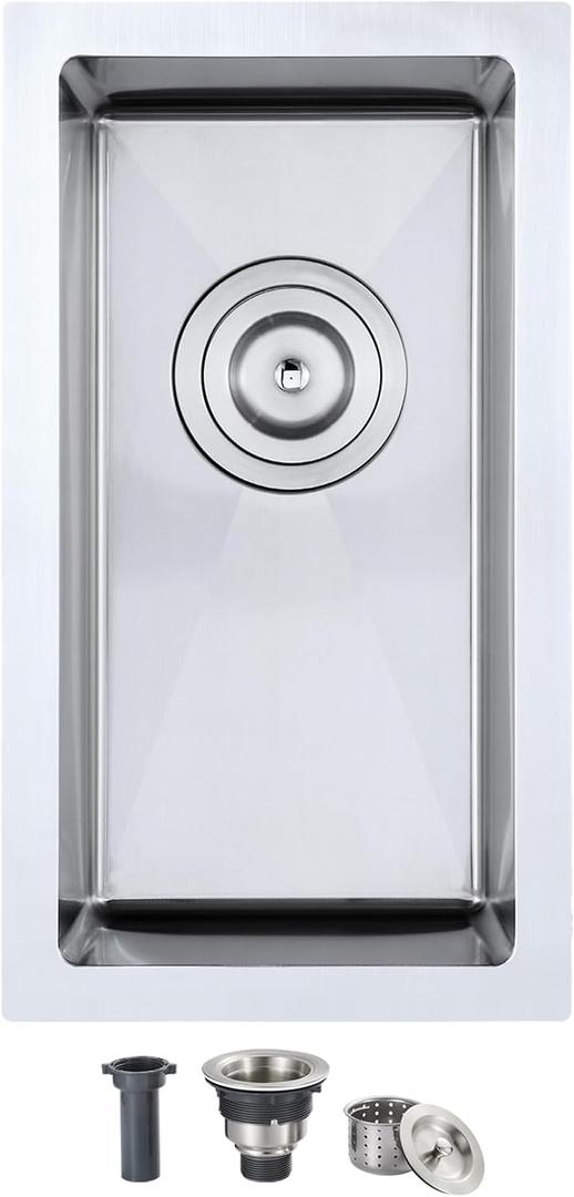 10x18 Inch Undermount Bar Sink, Handmade 304 Stainless Steel Kitchen Sink, Rear-Set Drain, 6" Deep Single Bowl, R10 Corner,for Small Kitchen, Bar, RV Sink