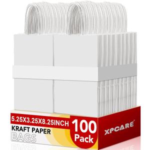 XPCARE White Paper Bags with Handles, 100Pcs 5.25x3.25x8.25'' Kraft Bags | Small Medium Paper Bags with Handles Bulk Treat Bags Kraft Paper Gift Bag for Retail Party Shopping Party Favor