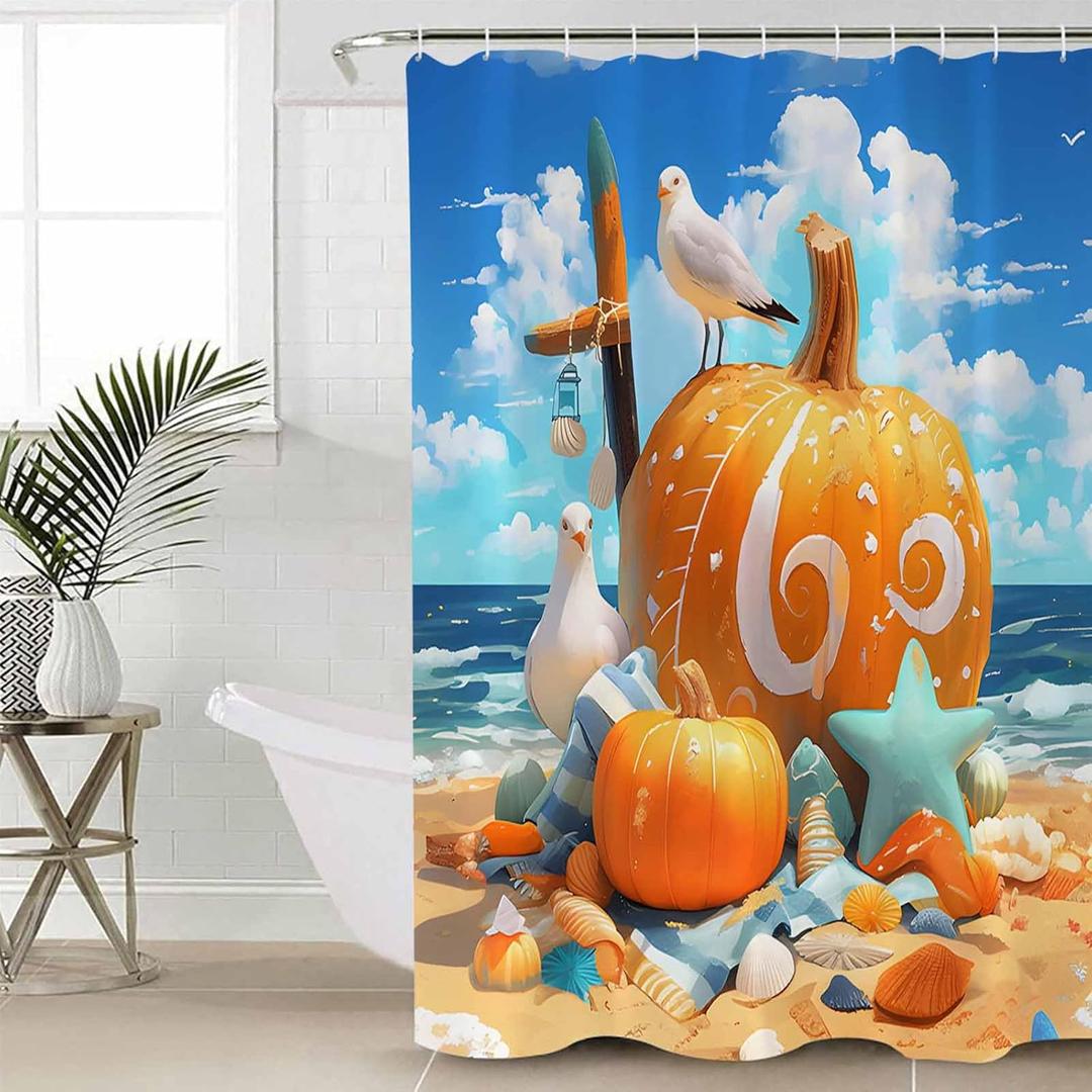 Autumn Pumpkin Shower Curtain Summer Beach Starfish Seagull Waterproof Shower Curtain with Hooks Seasonal Thanksgiving Fall Shower Curtains for Bathroom, Hotel, Stalls, Bathtubs, 72x72 Inch (Orange Blue)
