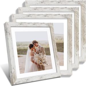 12x12 Picture Frame Set of 4 - Made of Glass and Distressed White Wooden Frame, Display Square Pictures 10x10 with Mat or 12 x 12 without Mat, Desktop & Wall Collage Photo Frame