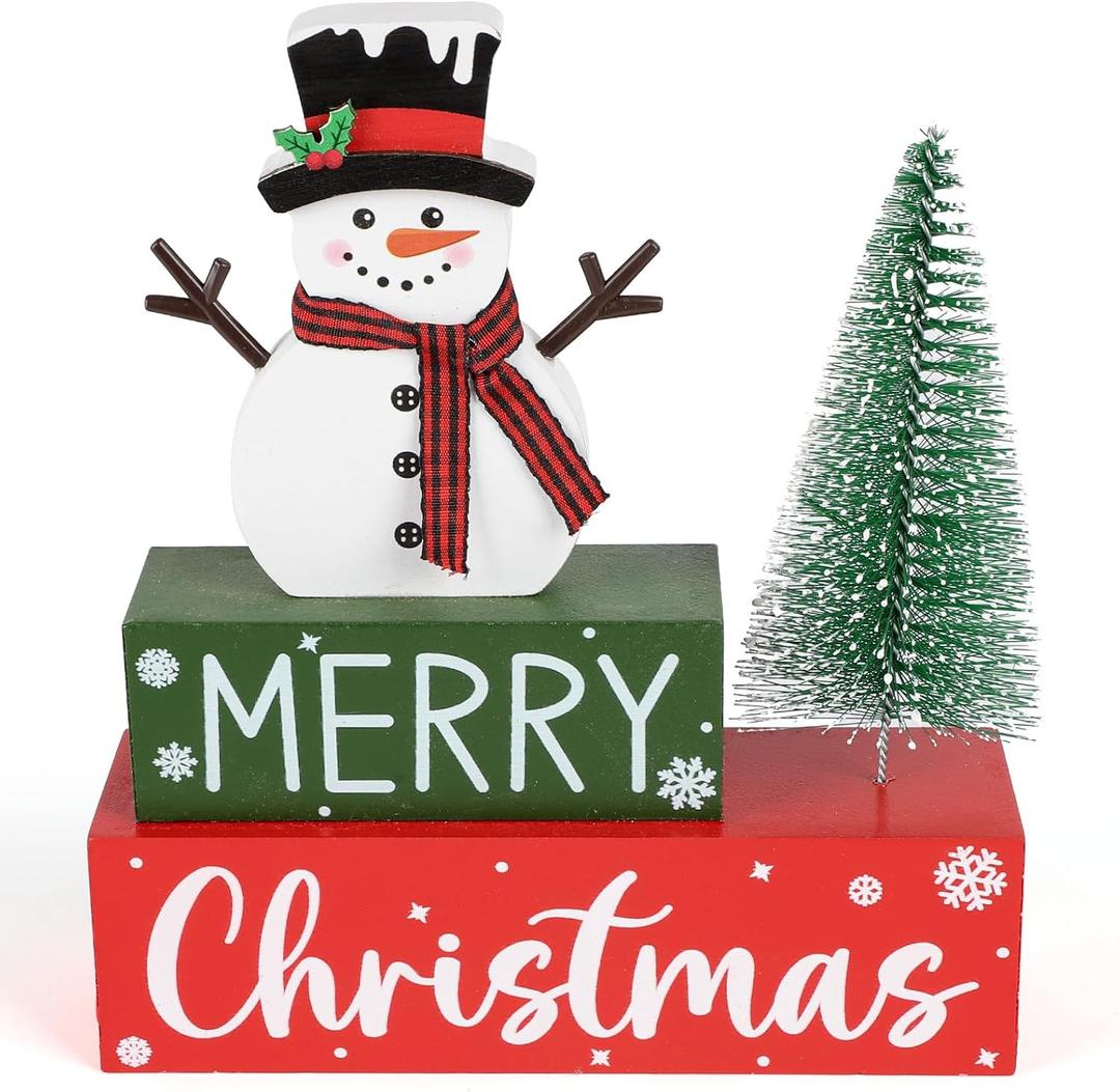 Merry Christmas Decorations Indoor Wooden Snowman Christmas Tabletop for Home Xmas Tree Centerpieces for Tables Wood Table Sign Decor Tiered Tray Office Desk Shelf Mantel Room Winter Holiday Party