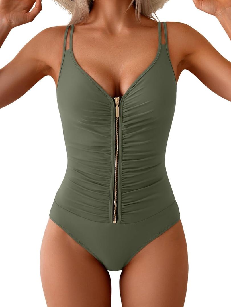 Eomenie One Piece Swimsuit for Women Zip Front Tummy Control Bathing Suit Ruched Slimming Swimwear Double Straps Swim Suit (Green, XL)