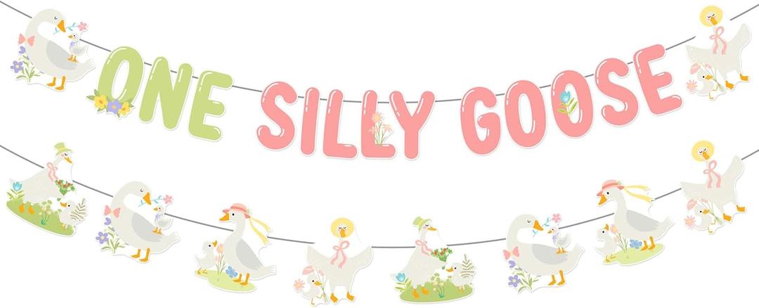 One Silly Goose Banner Garland Pink Green Goose Theme 1st Birthday Decorations for Girl Floral Goose Cute Geese First Birthday Decors Fun Farm Animal Flowers Lawn Baby Shower Party Supplies