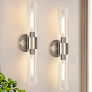 Wall Sconces Set of Two, Brushed Nickel Bathroom Sconces Wall Lighting with Clear Glass, Hardwired Modern Sconces Wall Decor Set of 2 for Bathroom Mirror Bedroom Living Room Hallway