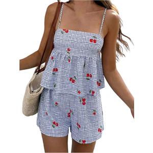 GORGLITTER Women's 2 Piece Cute Summer Outfits Gingham Cherry Tie Back Babydoll Tops Boxer Shorts Sets Blue Multicolor Large