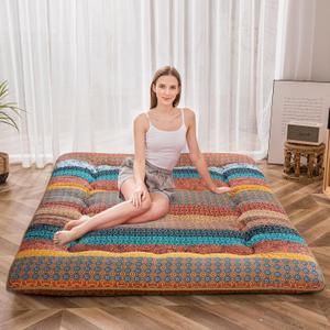 MAXYOYO Bohemian Vintage Floral Japanese Futon Mattress - Roll Up Tatami Floor Mat, Foldable Bed, Portable Camping Mattress, Sleeping Pad, Floor Lounger, Couch Bed - Queen Size