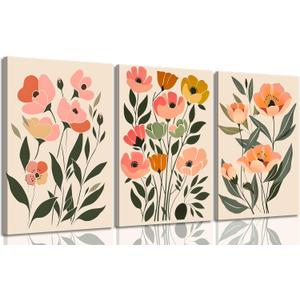 Boho Flower Canvas Wall Art Minimalist Abstract Botanical Floral Painting Picture Wall Decor Modern Botanical Poster Print Artwork for Bedroom Gallery Livingroom Home Decoration (16L" x 12W")