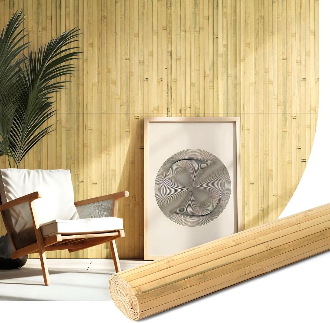 Natural Bamboo Wall Panel for Interior Wall Decor, Renewable Pole Wrap Wainscoting Paneling for Wall Ceiling Furniture Cabinet Office, 48 x 96 Inch, Natural