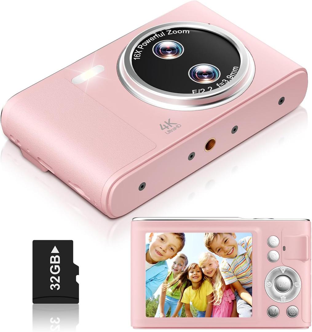 Digital Camera, 48MP FHD 1080P Point and Shoot Camera with 16x Zoom, Anti Shake Autofocus Compact Camera with 32GB Card for Kids, Beginners, Teens, Pink