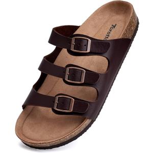 Torotto Mens Slides with Cork Footbed Open Toe Adjustable Webbing Flat Sandals for Walking | Beach | Indoor, Size: 10