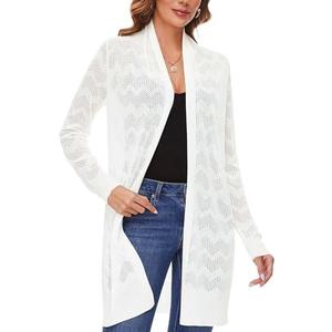 Women's Lightweight Summer Crochet Open Front Long Shawl Cardigan Hollow-Out Sweater size S (White)