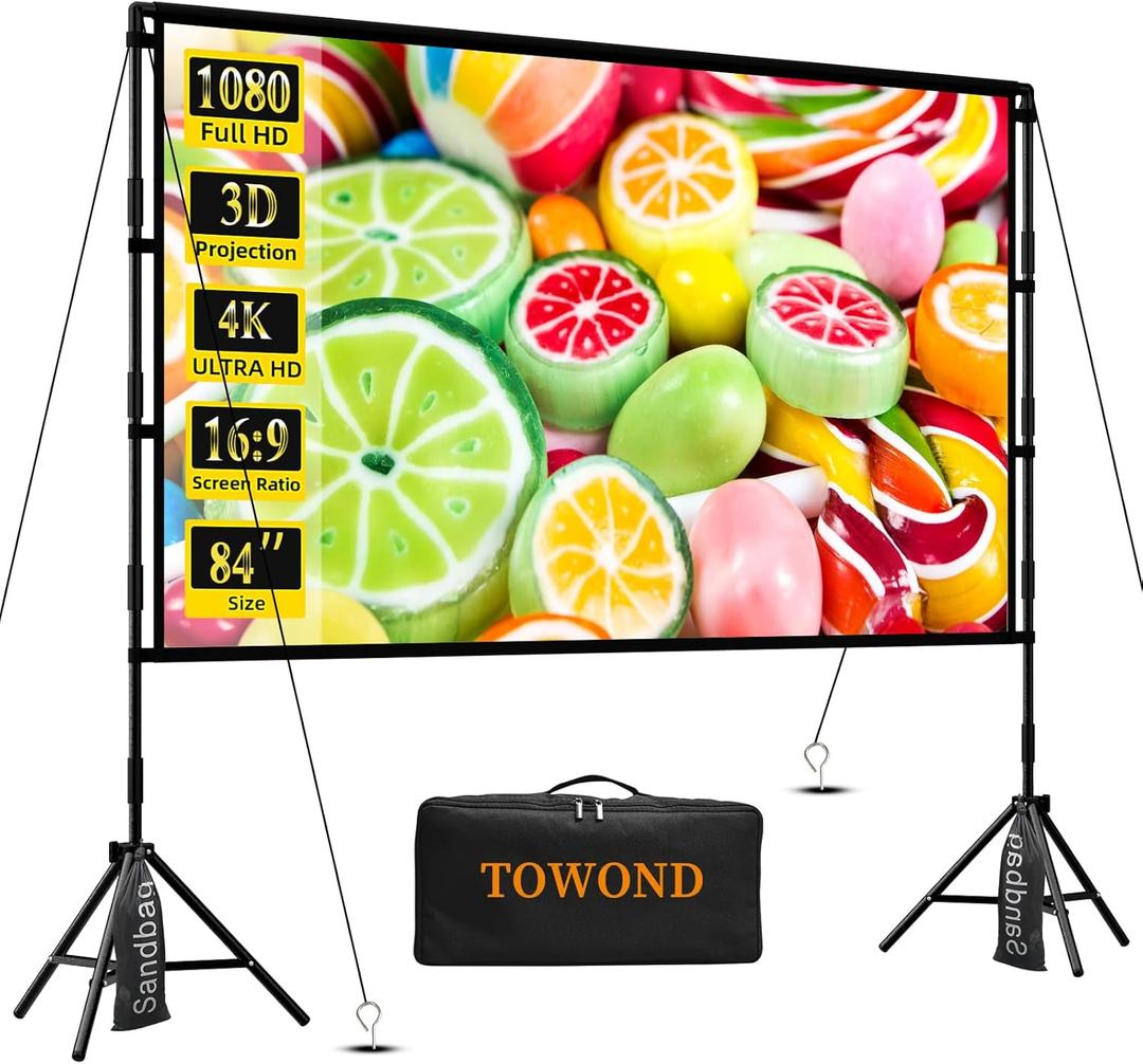 TOWOND Projector Screen with Stand, 84 inch Outdoor Projector Screen Portable Indoor Projection Screen 16:9 4K Rear Front Movie Screen with Carry Bag for Home Backyard Theater 84 inch