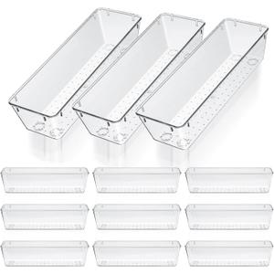 Maquita 12 Pcs Vanity Drawer Organizer 9 x 3 x 2 Inches Clear Plastic Utensil Organizers Kitchen Drawers Dividers for Office Desk Silverware Kitchen Utensils Cosmetics and Bathrooms(Clear)