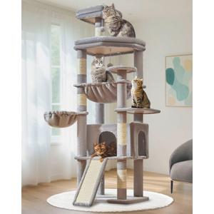 Taoqimiao 72 Inches Cat Tree for Large Cats, Multi-Level Tall Cat Tower, Widened Cat Condo with Large Scratch Board, 5 Scratching Posts, Metal Hammcock, Cozy Basket, Light Gray, MS045W