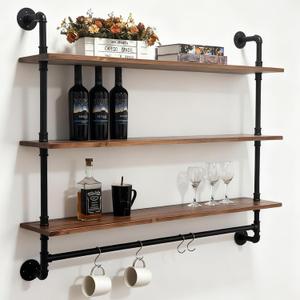 Industrial Pipe Shelving Pine Shelf,Pipe Shelves with Wood Planks,Wall Mounted Bookshelf,Floating Bar Shelves(3 Tier 48In)