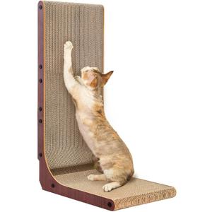 EHEYCIGA Cardboard Cat Scratcher for Indoor Cats, 26.8 Inch L Shaped Vertical Cat Scratching Board with Ball Cat Toy, Large Cat Scratcher Pad, Dark Brown