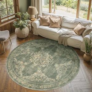 jinchan Round Rug 6ft Area Rugs Vintage Floral Distressed Design,Machine Washable Soft Non-Slip Low-Pile Ultra-Thin Circle Rug for Bedside Living Room Dining Room Bedroom (6' Round, Dark Green)