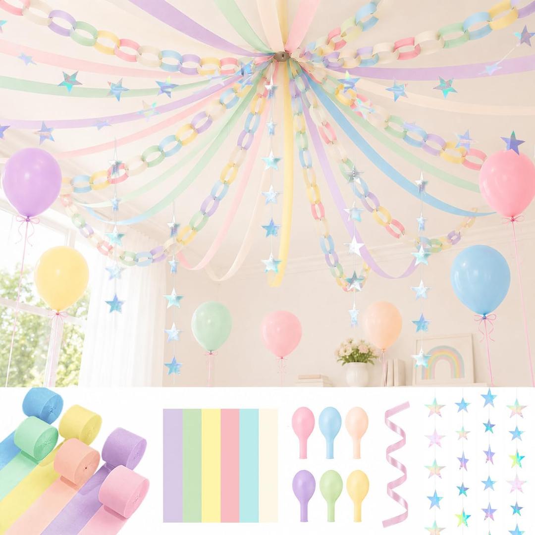 Pastel Party Decoration Kit Crepe Paper Streamers Paper Chains Balloons