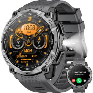 Military Smart Watch for Men with GPS, 1.43" AMOLED Bluetooth Call, LED Flashlight, Rugged Tactical Watch for Android iOS, 3ATM Waterproof Fitness Tracker with Heart Rate Pedometer (Black)