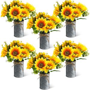 6 Sets Sunflowers Centerpieces for Tables Artificial Sunflower with Vase Rustic Faux Flower for Home Summer Spring Kitchen Decor (Vintage Color)