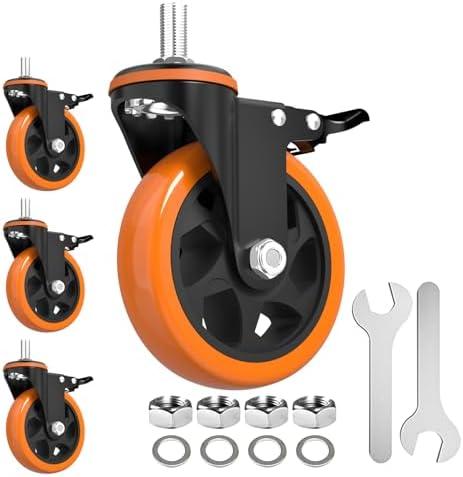 Caster Wheels Heavy Duty 5 Inch Stem Caster 2400Lbs, Threaded Stem Casters 1/2"-13 x 1(Stem Diameter 1/2", Stem Length 1"), Safety Locking Caster Set of 4, Industrial Castor Wheels for Cart,Furniture