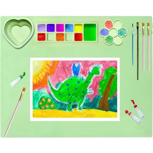 Silicone Painting Mat,20"X16"Large Silicone Art mat, Art Mat with Cup, Easy Clean up, Protects Surfaces Perfectly. for Paint, Color, Play with Clay/Play Dough.(Green)