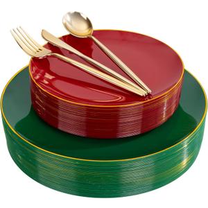 I00000 150Pcs Red and Green Plastic Plates with Gold Rim,Fancy Christmas Plastic Plates,Nice Christmas plates Set include 30 Dinner Plate,30 Dessert Plate, 90 plastic Silverware Set for christmas