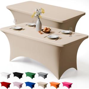 Trlyc 2 Pack 6FT Spandex Table Cloth - 72 x 30 Inch Rectangular Stretch Tablecloth, Wrinkle Resistant Scretch Table Cover for Wedding, Party, Banquet, Picnic, Outdoor Decoration (2Pcs,Champagne)