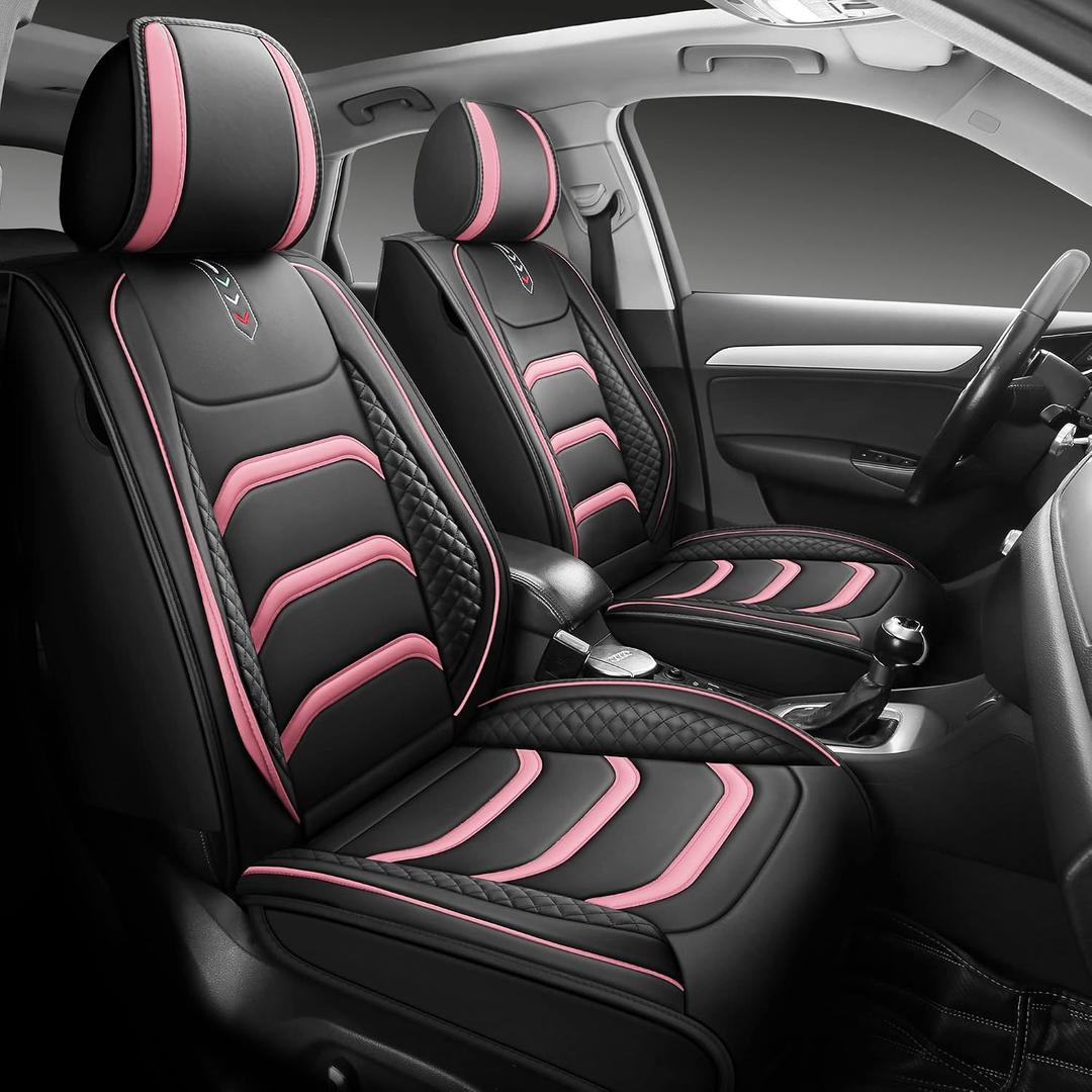 XYXY Leather Car Seat Covers, Faux Leatherette Automotive Vehicle Cushion Cover for Cars SUV Pick-up Truck Universal Fit Set for Auto Interior Accessories (Black-Pink)