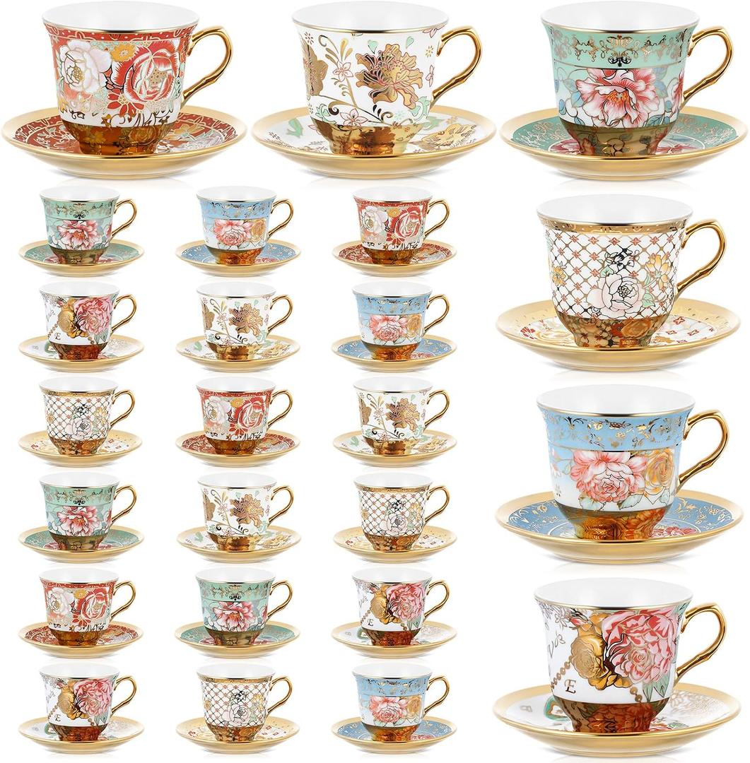 Teenyyou Set of 24 Tea Cups and Saucers Tea Party Decorations Floral Porcelain 5.4 oz British Gift for Women Birthday Party, Church, and Mother's Day (Stylish Style)