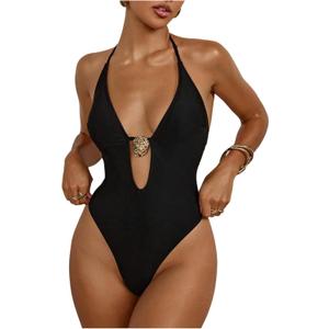 Milumia Women's One Piece Metal Cut Out Halter Swimsuit Sexy Deep V Neck Open Back Swimwear (Medium, Black)