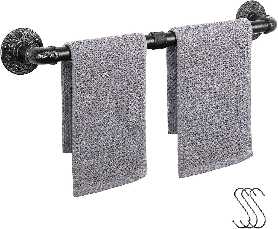 Industrial Pipe Towel Rack Towel Bar, Heavy Duty Wall Mounted Rustic Farmhouse Bath Towel Holder for Bathroom (Black, 24 inch)