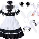 Irtysh Anime French Women Bunny Maid Sweet Kawaii Costume Cosplay Dress Furry Cat Ear Gloves Socks set (Medium, Black)