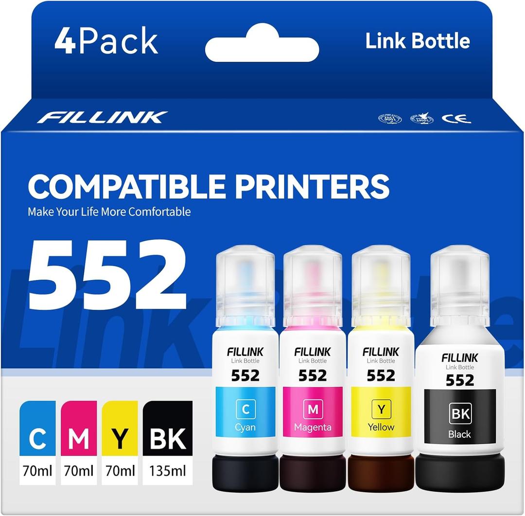 552 Sublimation Ink Compatible for 552 T552 552 Pigment Ink Used with Ecotank Photo ET-8550 ET-8500 ET2800 ET2720 ET2400 ET3760 ET4760 Printer Heat Press Transfer on T-Shirt Tumblers &(BCMY 4PK)