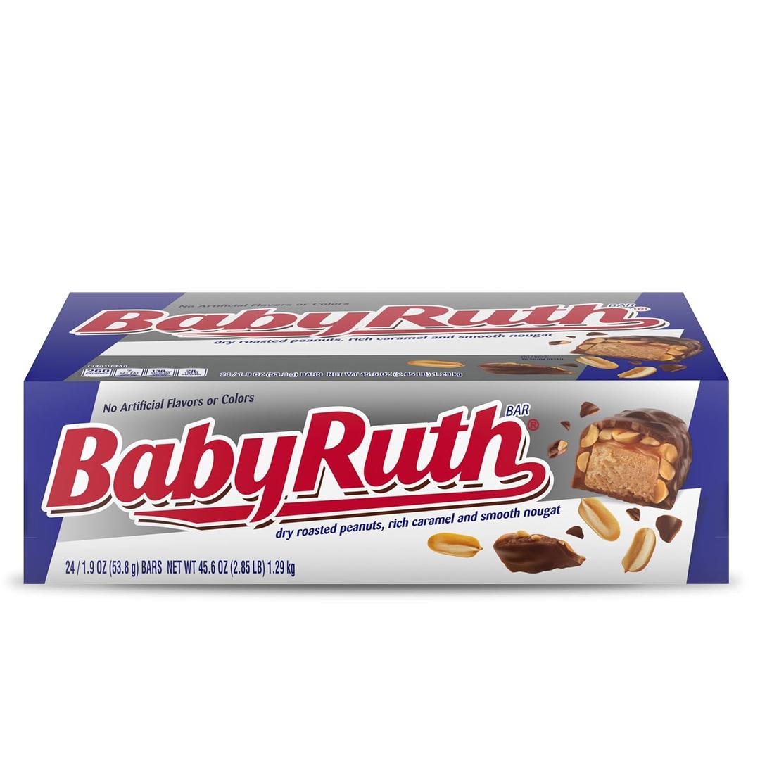 Baby Ruth, Chocolatey, Peanut, Caramel, Nougat, Full Size Individually Wrapped Candy Bars, 1.9 oz each, Bulk 24 Pack (EXP 01/05/27)