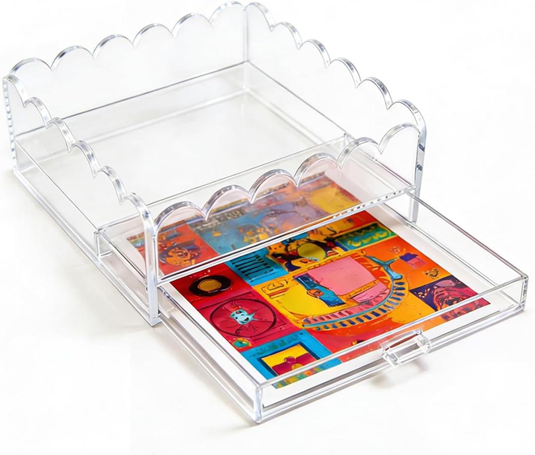 Clear Acrylic Trays for Needlepoint with Insert Drawer 6" x 6", HKKZYT Small Scalloped Acrylic Tray Organizer for Photos, Art, Napkin, Fabric, Messages Display Basket