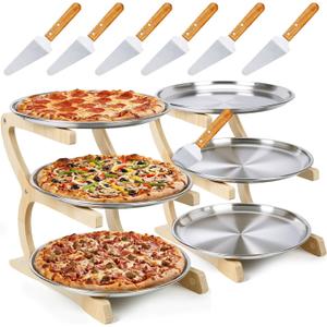 14 Pcs Wooden Pizza Pan Riser Stands Sets Tiered Tray Stand 13.8" L x 7.9" W x 12.6" H Tower Rack Serving Tray Holder Food Platter Display Rack for Dessert Cheese Restaurant Home