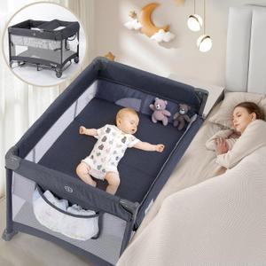 Dripex 5 in 1 Baby Bassinet Bedside Sleeper, Pack and Play with Diaper Changer, Rocking Bassinet, Foldable Playard, Adjustable Height, Portable Crib for Newborn to Toddlers, Dark Grey