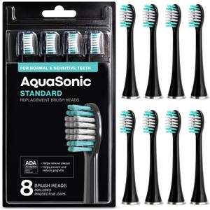 AquaSonic Standard Replacement Brush Heads | for Normal & Sensitive Teeth | Compatible with Many AquaSonic Toothbrush Handles (8 Pack Black)