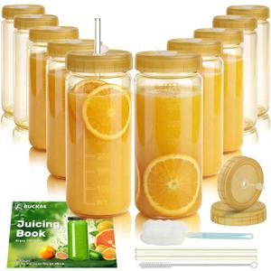 Ruckae 16oz 10 Pack Glass Juice Bottles with Dual Scale, Reusable Glass Bottles with Hole Lids and Straws Mason Jar for Juicing, Smoothies, Kombucha - Water Bottle for Fridge or Gym (Gold)