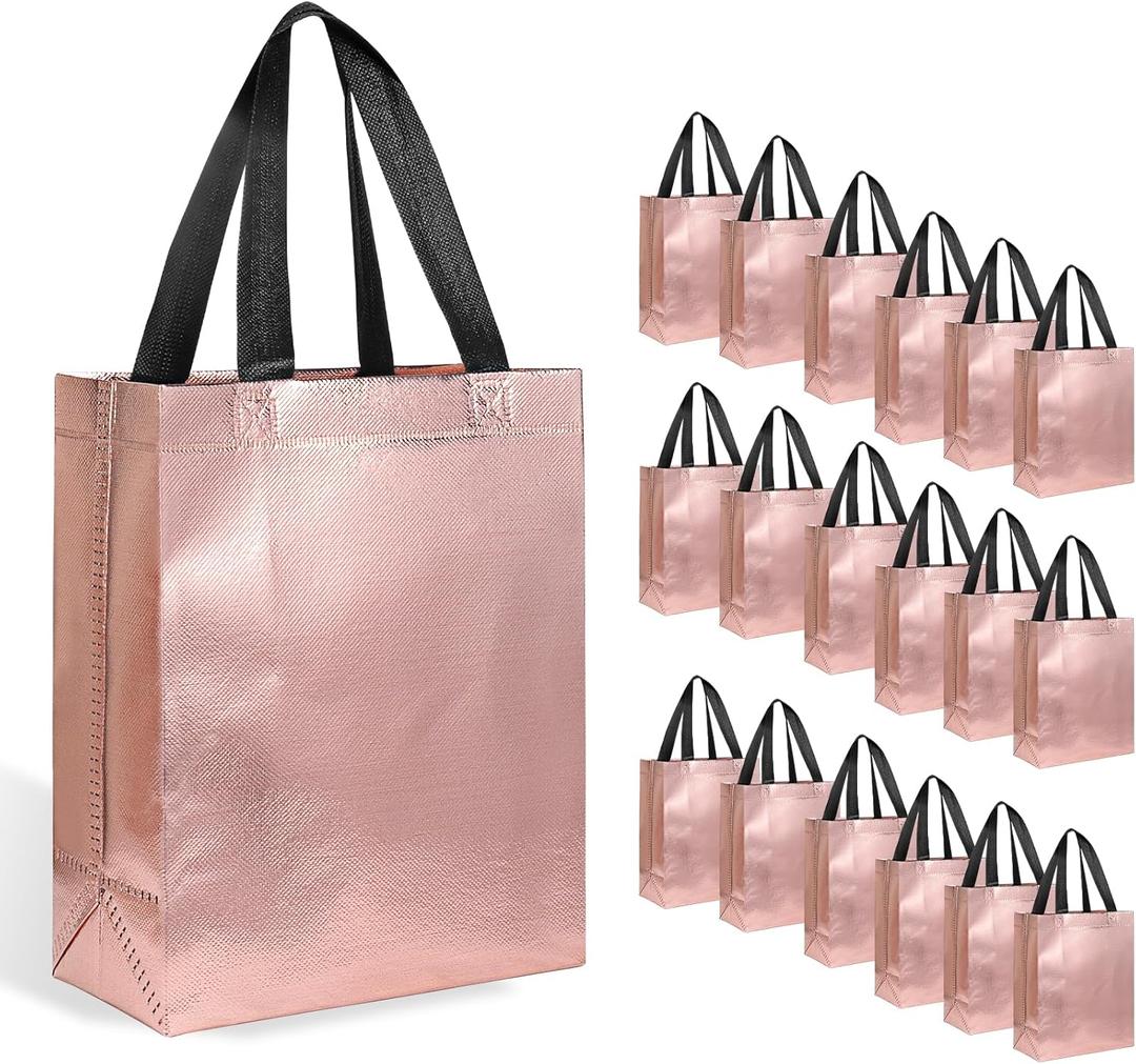 18-Pack Rose Gold Reusable Gift Bags with Handles, Bulk Goodie Bags for Valentines Day, Baby Shower, Birthday, Party Favors, Wedding, Holiday Goodie | 8x4x10 Inches | 18 Premium Rose Gold Bag | Eco-Friendly