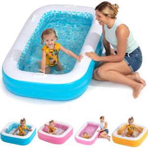 2-in-1 Inflatable Kiddie Pool, 65"x39"x10" (5'5") Soft Cushioned Floor, Handles, Drain, Shallow Rectangular Blowup Swimming Pool for Kids Age 2+ Toddler Ball Pit, Small Adult Backyard Tanning Pool (Summer Blue)