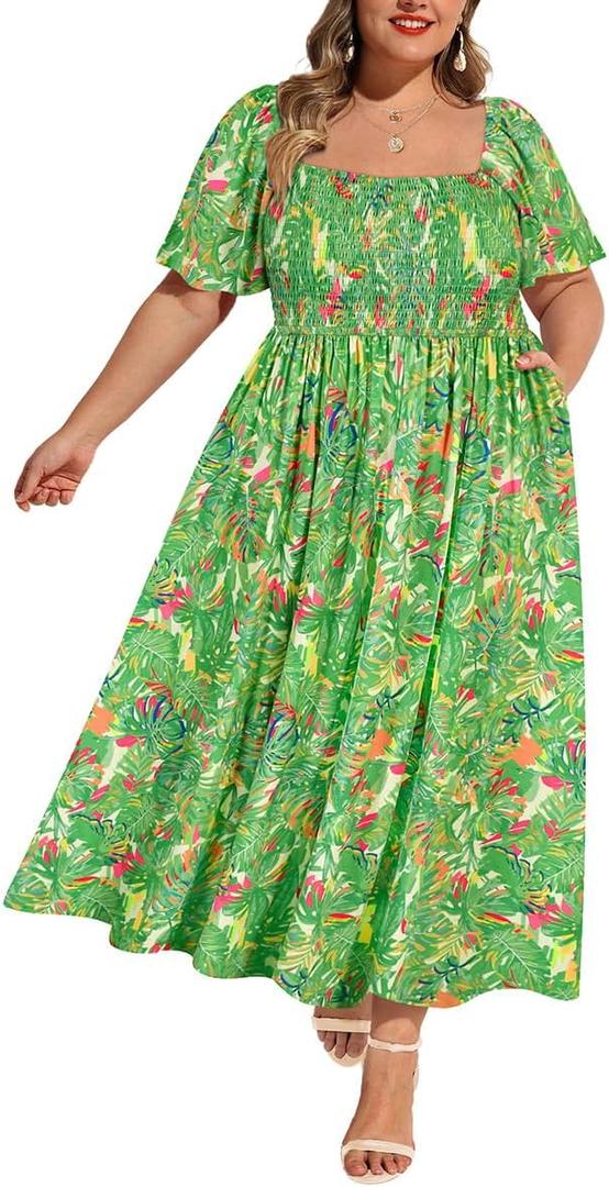 RITERA Plus Size Dresses for Curvy Women Square Neck Short Sleeve Summer Floral Smocked Maxi Dress with Pocket XL-5XL (Green, XXL)