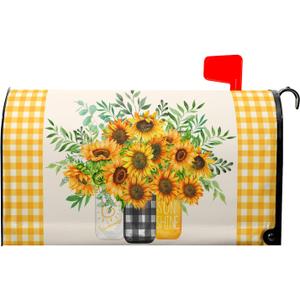 Welcome Spring Summer Sunflower Mailbox Cover Magnetic Standard Size 21"x18" Yellow Blooming Sunflowers Rustic Floral Large Mailbox Cover Wrap Post Letter Box Decor for Garden Yard (21x18 inch, Summer Mason Jar Sunflower)